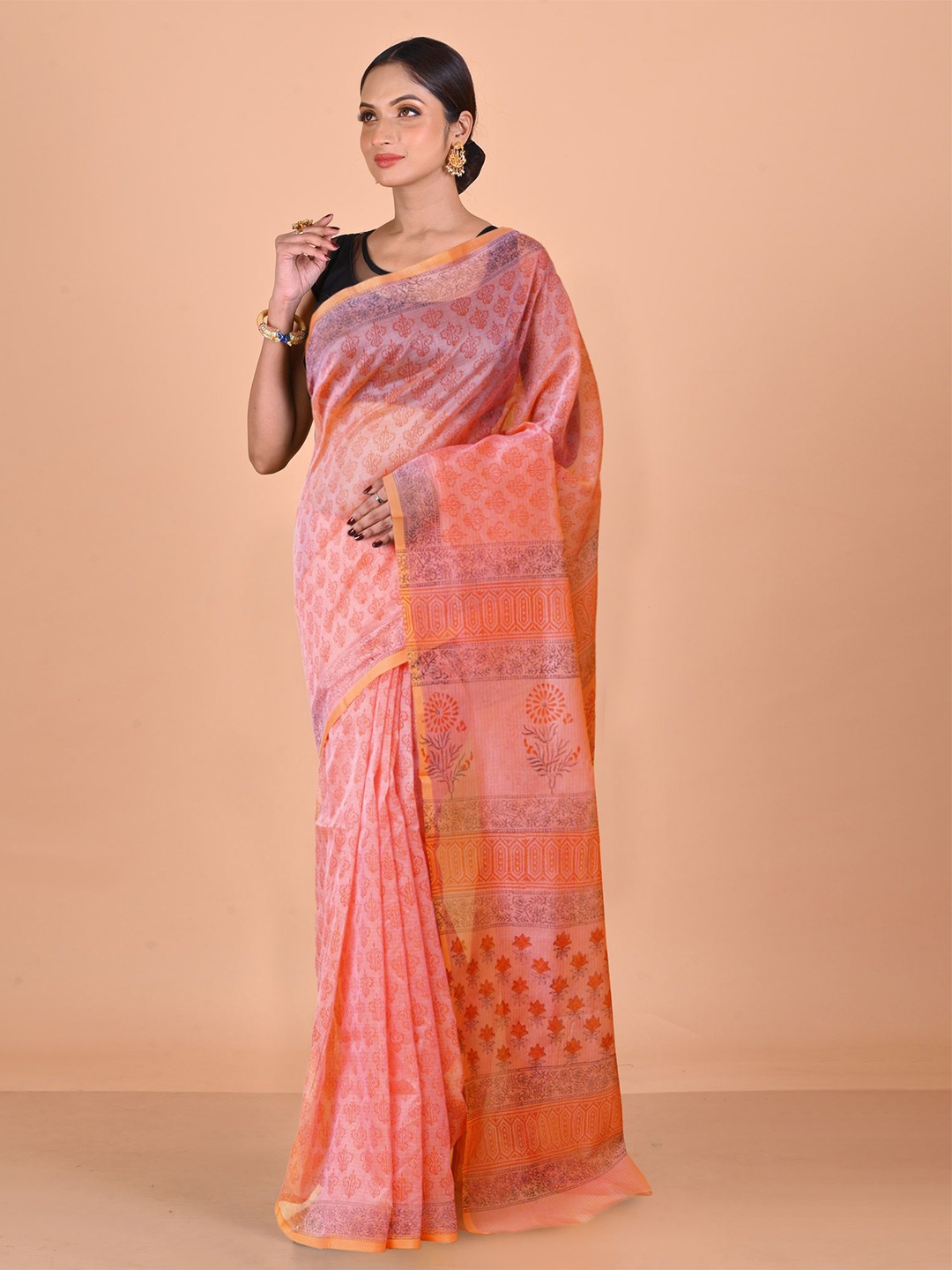 

Unnati Silks Floral Supernet Handloom Block Print Saree, Pink
