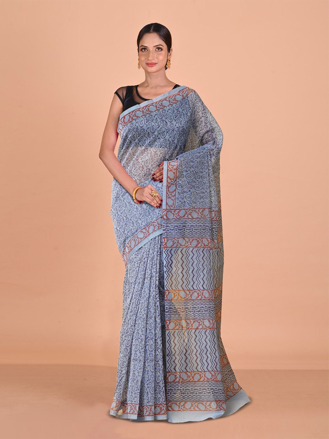 

Unnati Silks Ethnic Motifs Supernet Handloom Block Print Saree, Blue