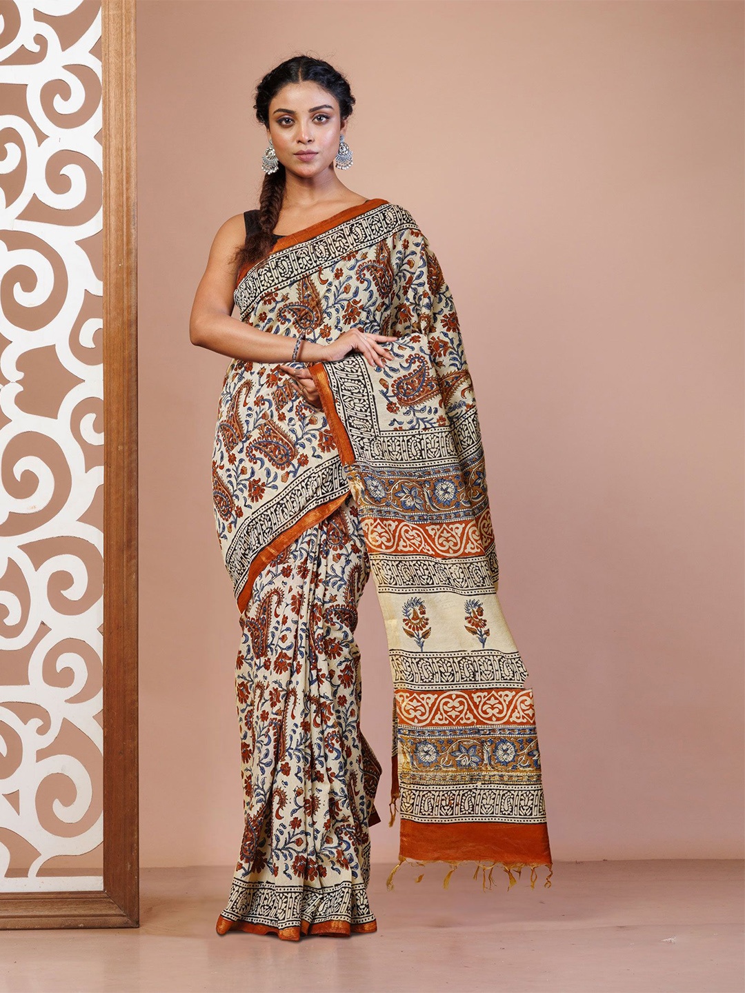 

Unnati Silks Bagru Printed Pashmina Zari Saree, Cream