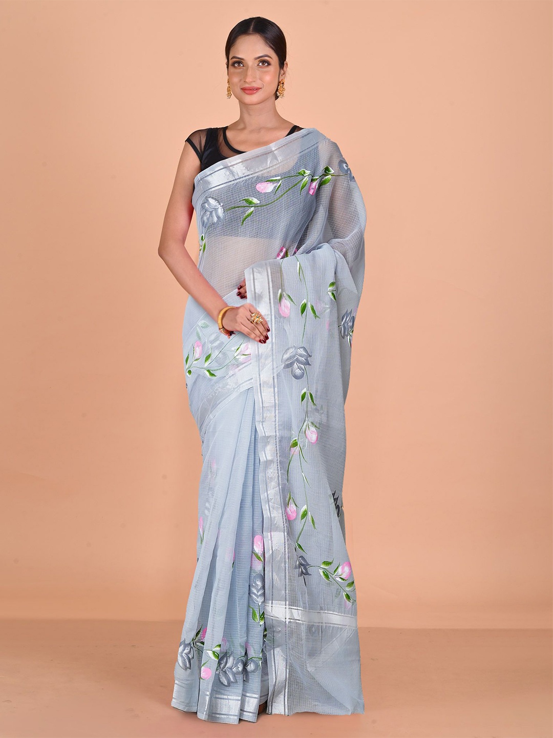 

Unnati Silks Floral Schiffli Kota Saree, Grey