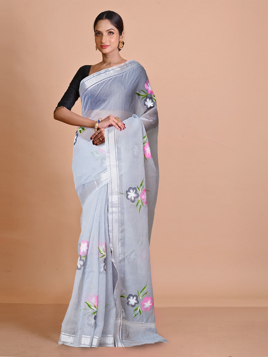 

Unnati Silks Floral Zari Hand Painted Kota Saree, Grey