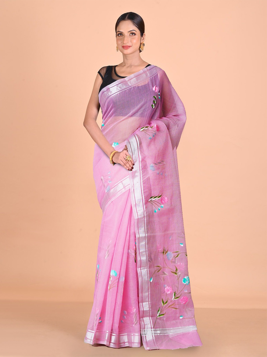 

Unnati Silks Floral Printed Zari Kota Saree, Pink