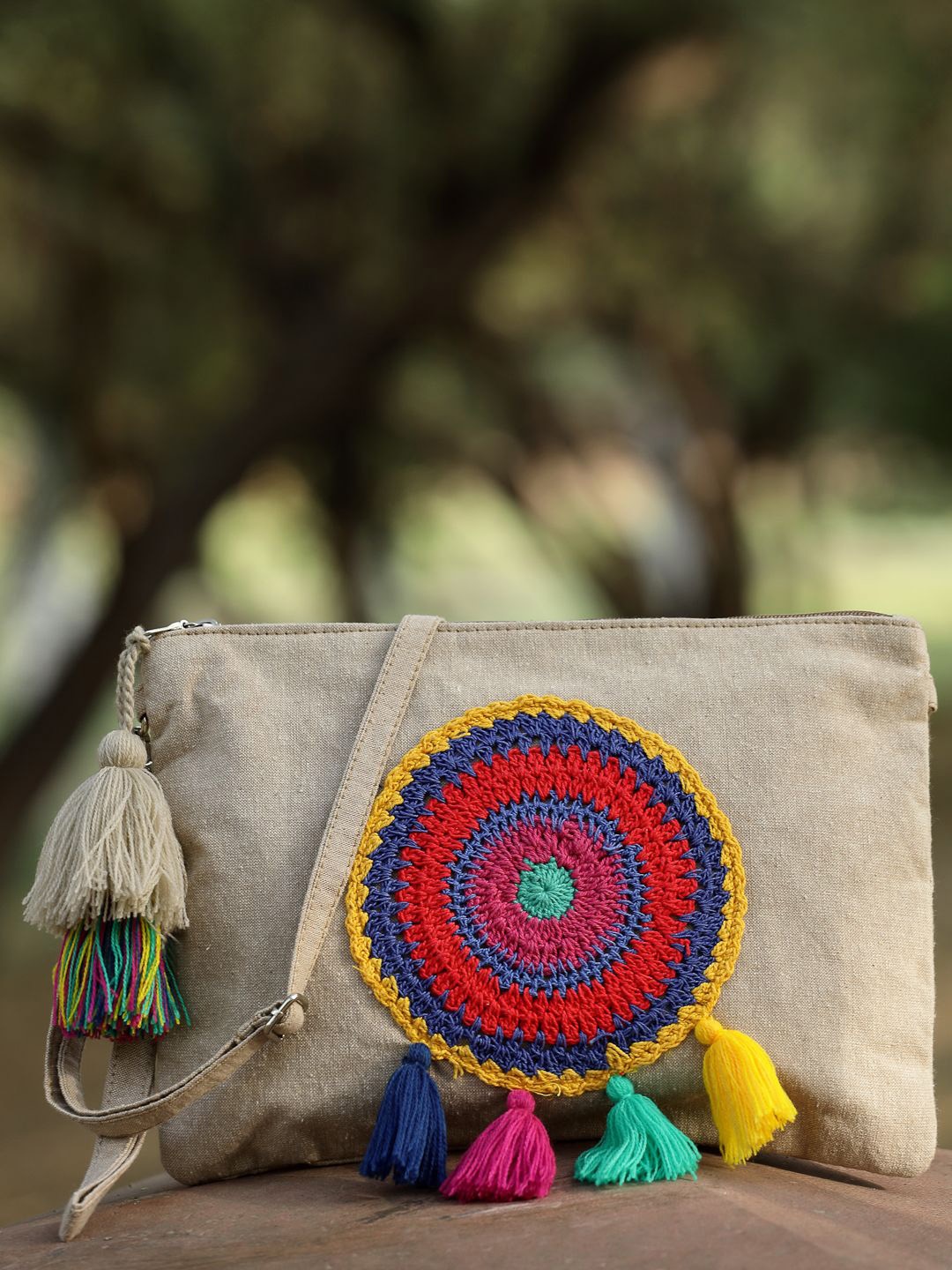 

Anekaant Women Boho Crochet Geometric Cotton Canvas Sling Bag With Tasselled Detail, Off white