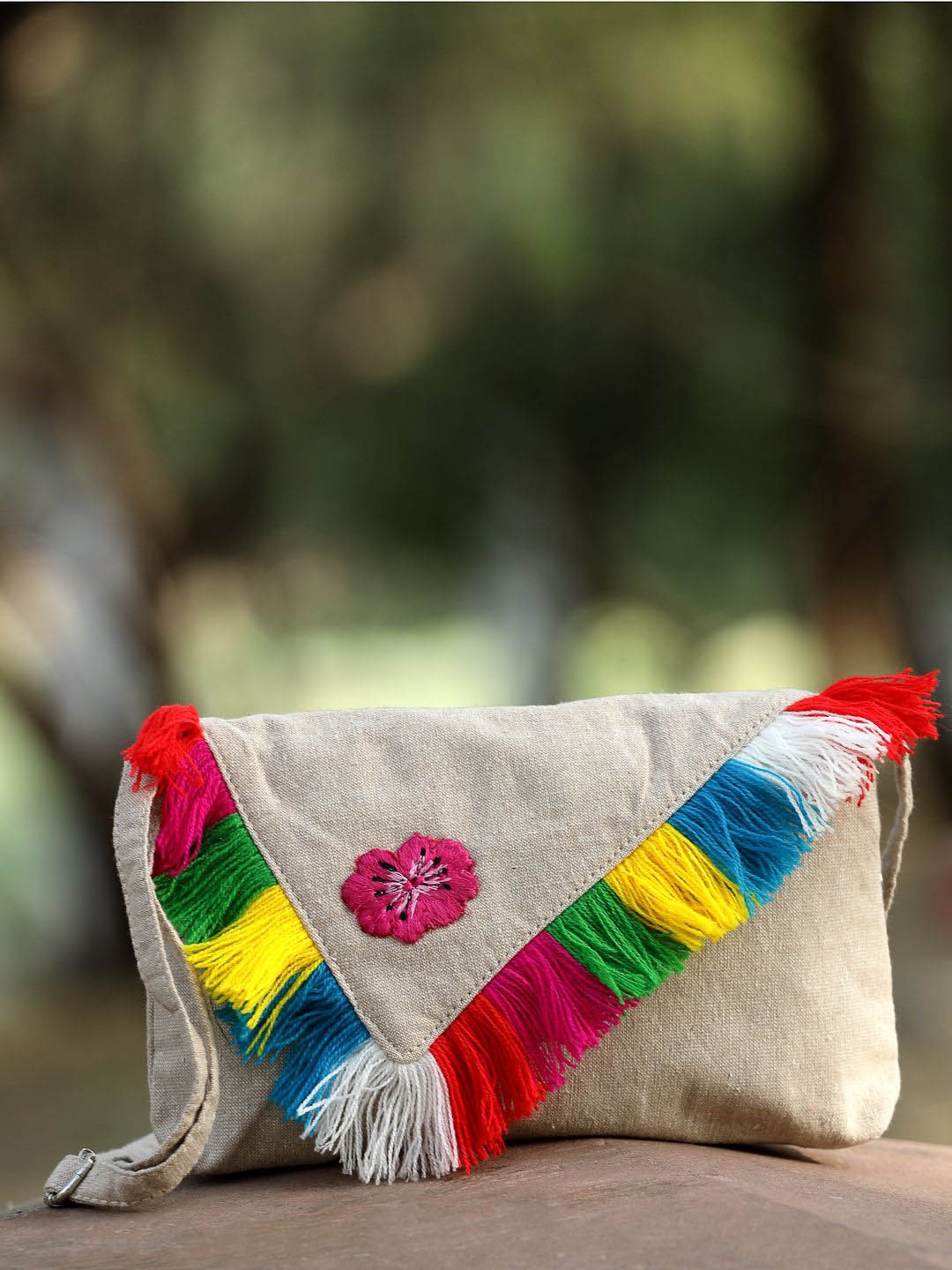 

Anekaant Women Floral Embroidered Cotton Canvas Sling Bag With Fringed Detail, Off white