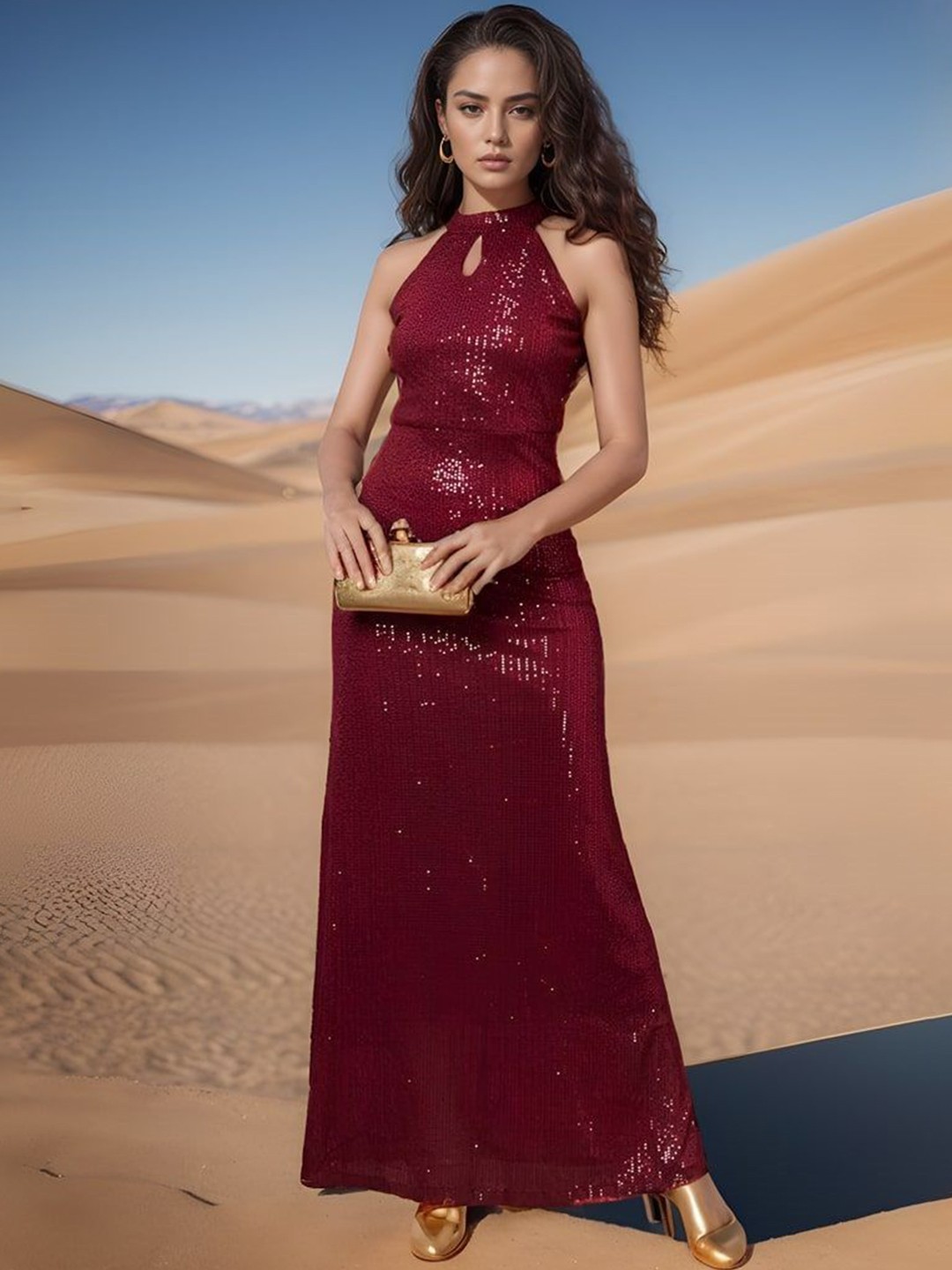 

ATRAENTA Embellished Keyhole Neck Sleeveless Sequinned Net Maxi Gown Dress, Maroon