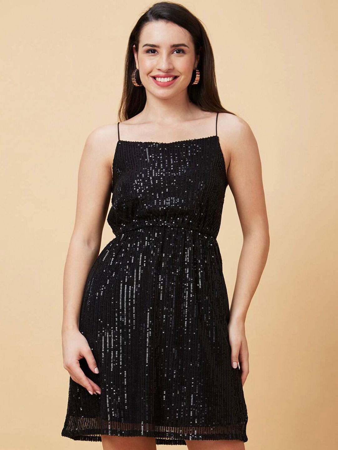 

ATRAENTA Embellished Sequined Net Fit & Flare Dress, Black