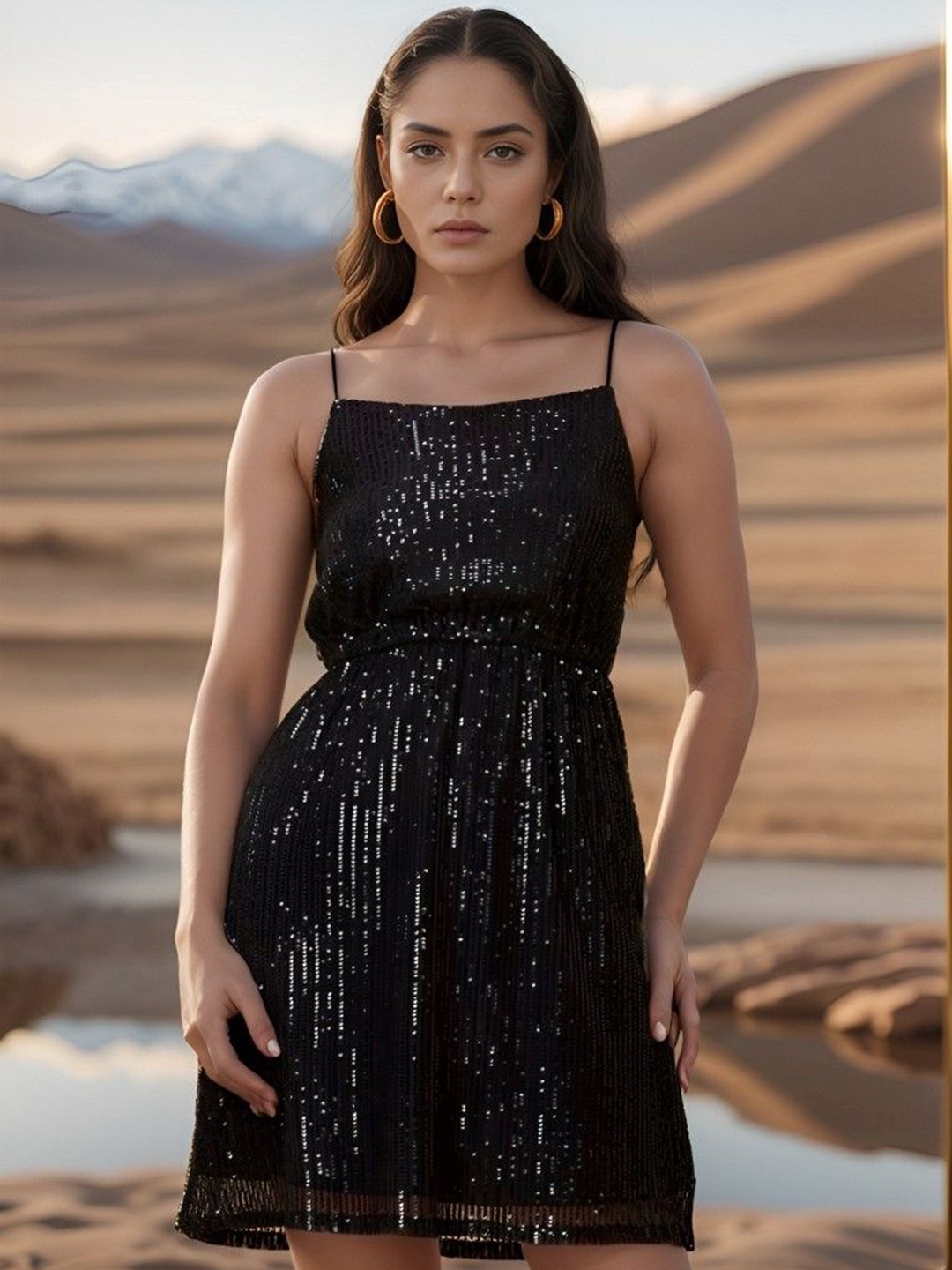 

ATRAENTA Embellished Shoulder Straps Net Fit and Flare Dress, Black