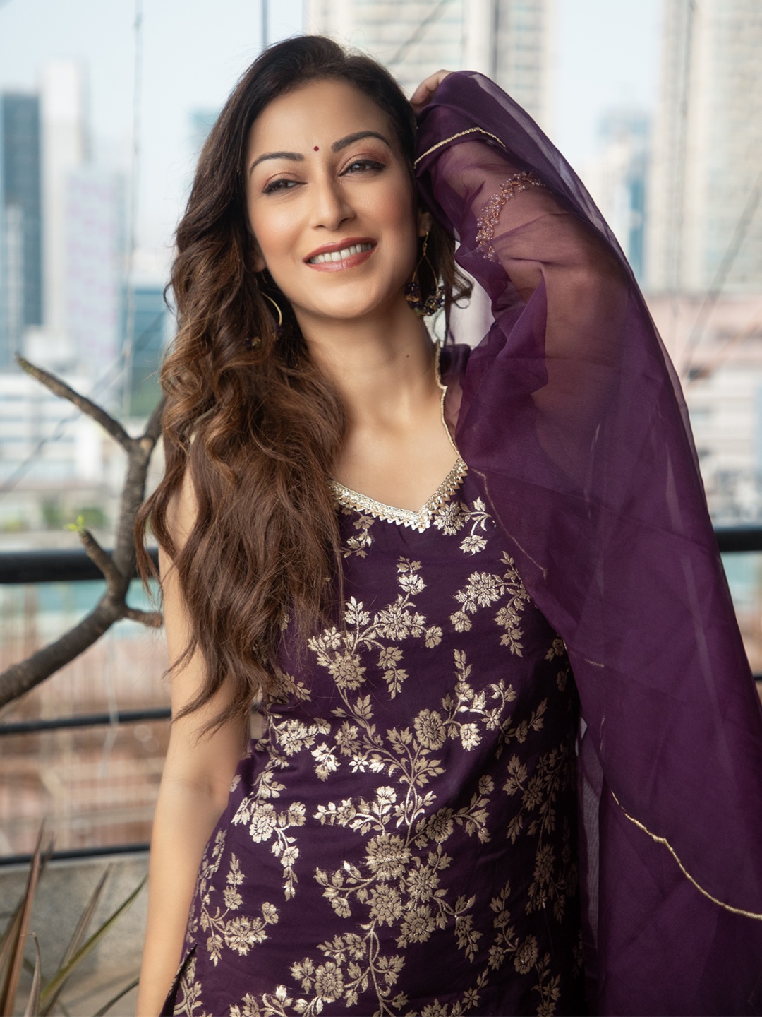 

Janasya V-Neck Regular Gotta Patti Straight Kurta with Palazzos & With Dupatta, Purple