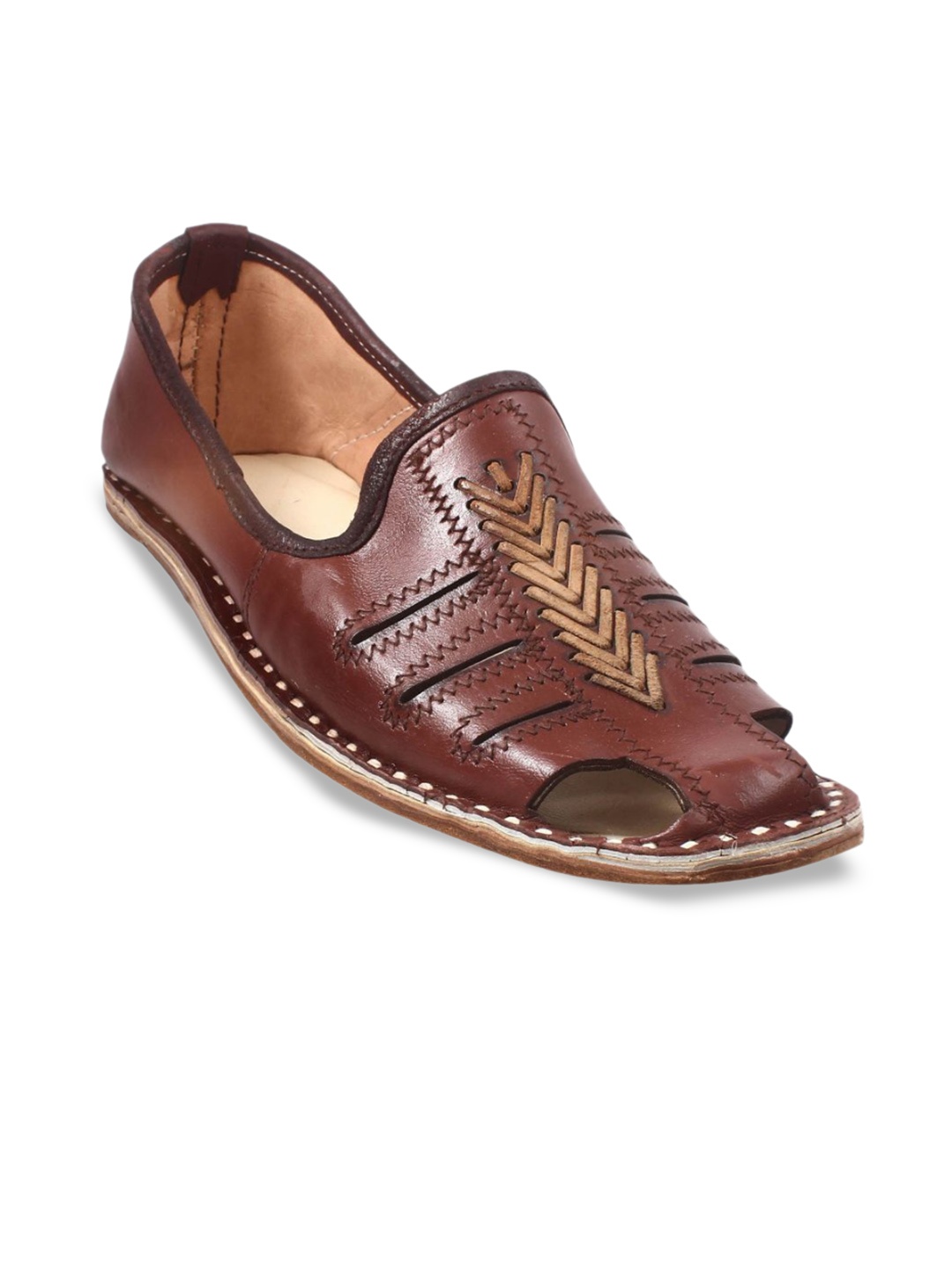 

Apratim Men Textured Round Toe Leather Mojaris Flats, Brown