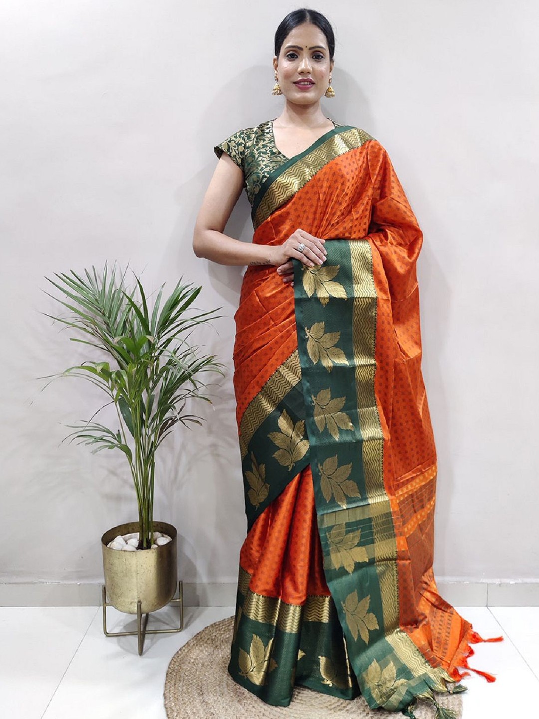 

LADY SHOPI Woven Design Zari Pure Silk Saree, Orange