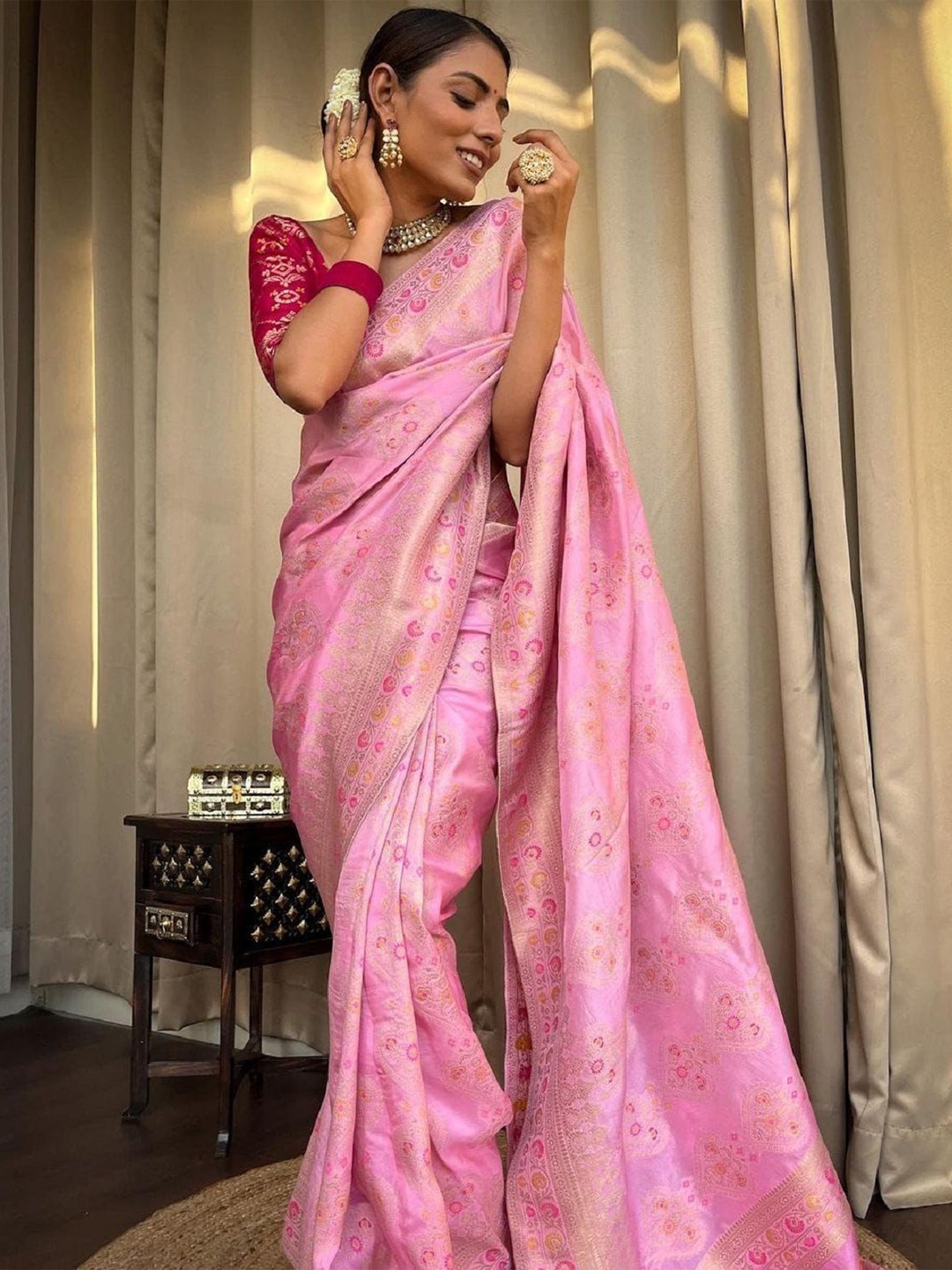 

LADY SHOPI Woven Design Zari Pure Silk Saree, Pink