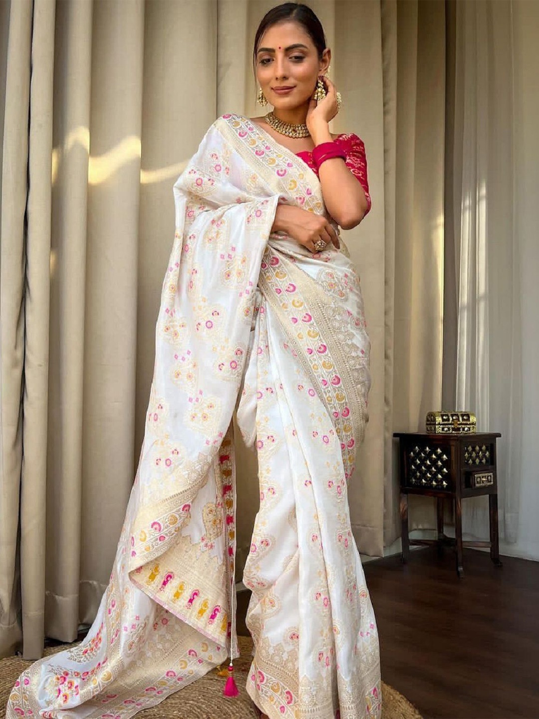 LADY SHOPI Woven Design Zari Pure Silk Saree, White