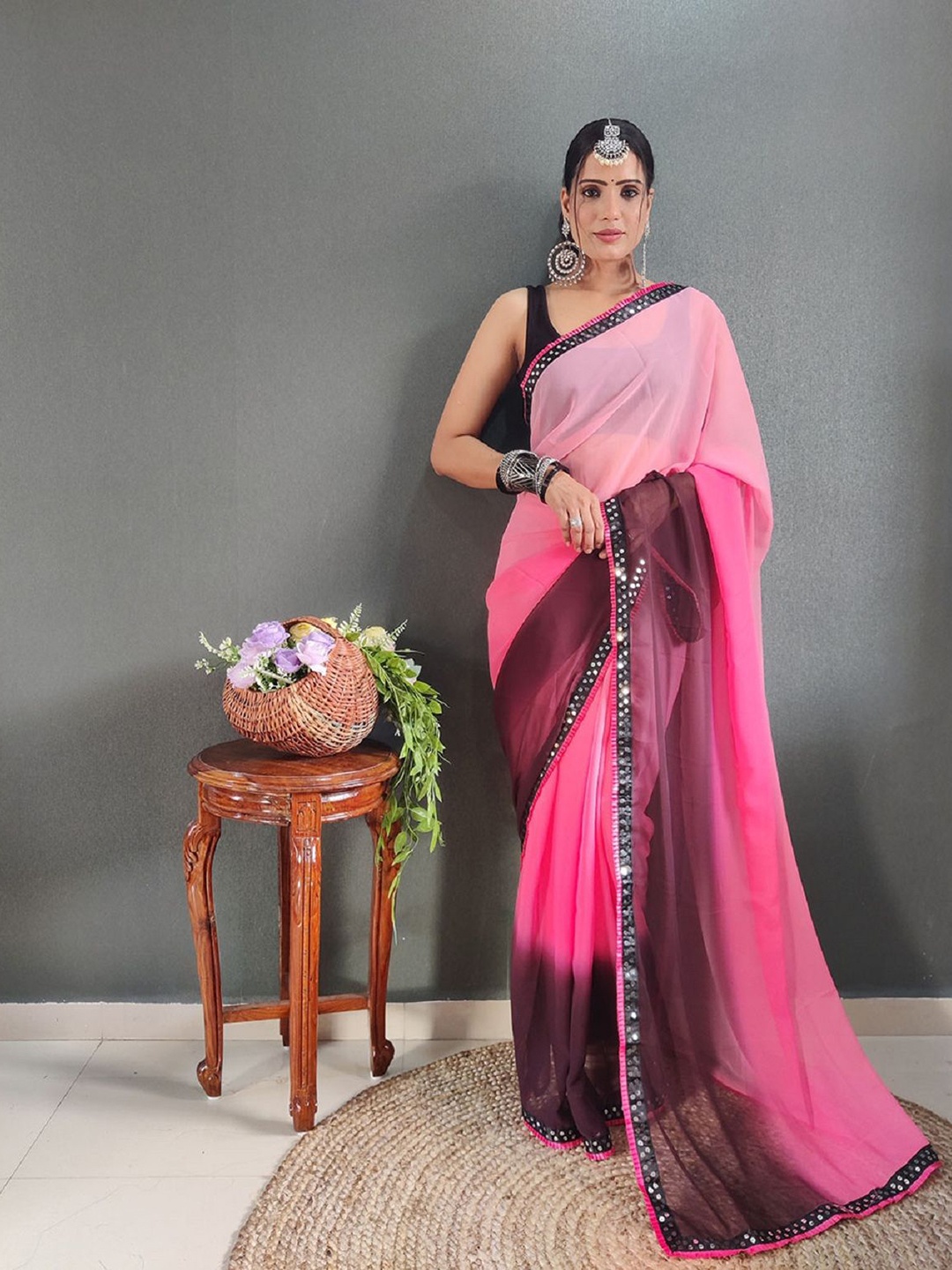 

LADY SHOPI Ombre Sequinned Pure Georgette Ready to Wear Saree, Pink