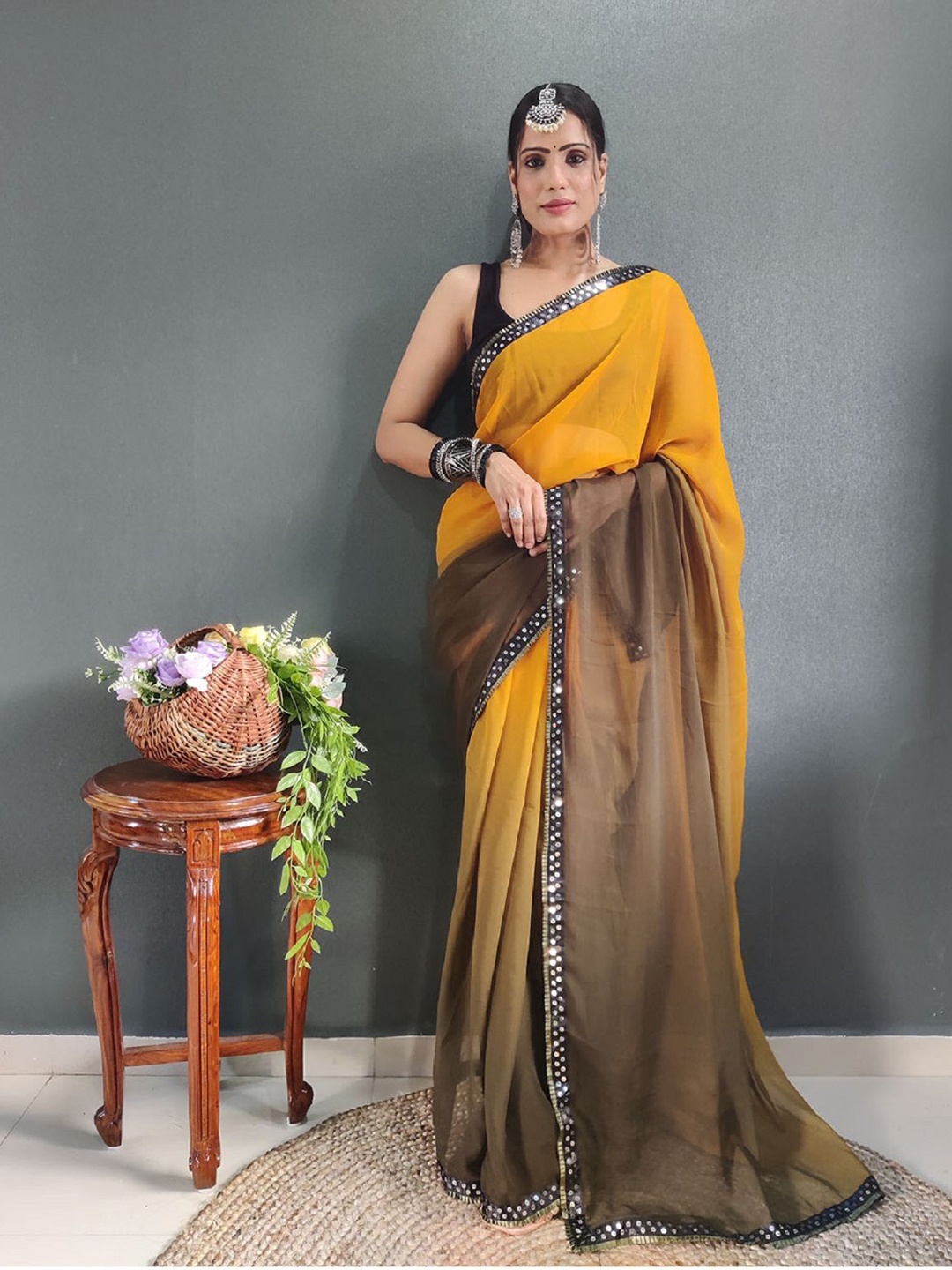 

LADY SHOPI Women's Ombre Sequinned Pure Georgette Ready to Wear Saree, Olive