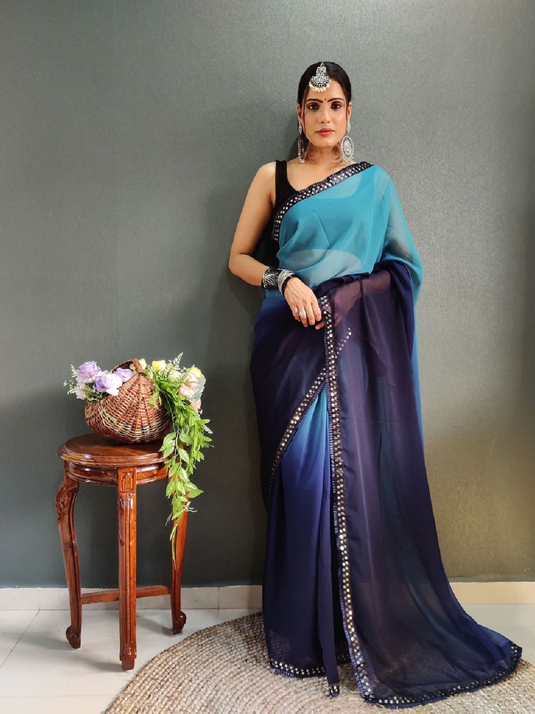 

LADY SHOPI Ombre Sequinned Pure Georgette Ready to Wear Saree, Teal