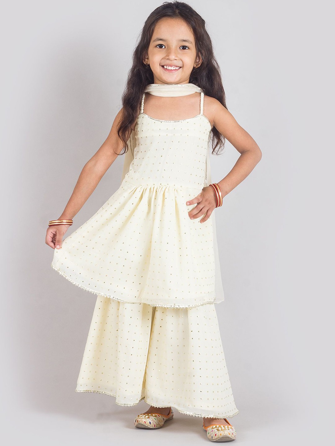 

Tangerine Closet Girls Embroidered Tiered Sequinned Anarkali Kurti & Sharara With Dupatta, Cream