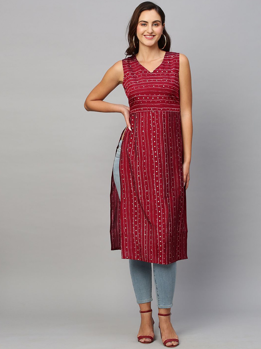 

Sangria Red Tribal Printed Gotta Patti Chanderi Silk Straight Kurta