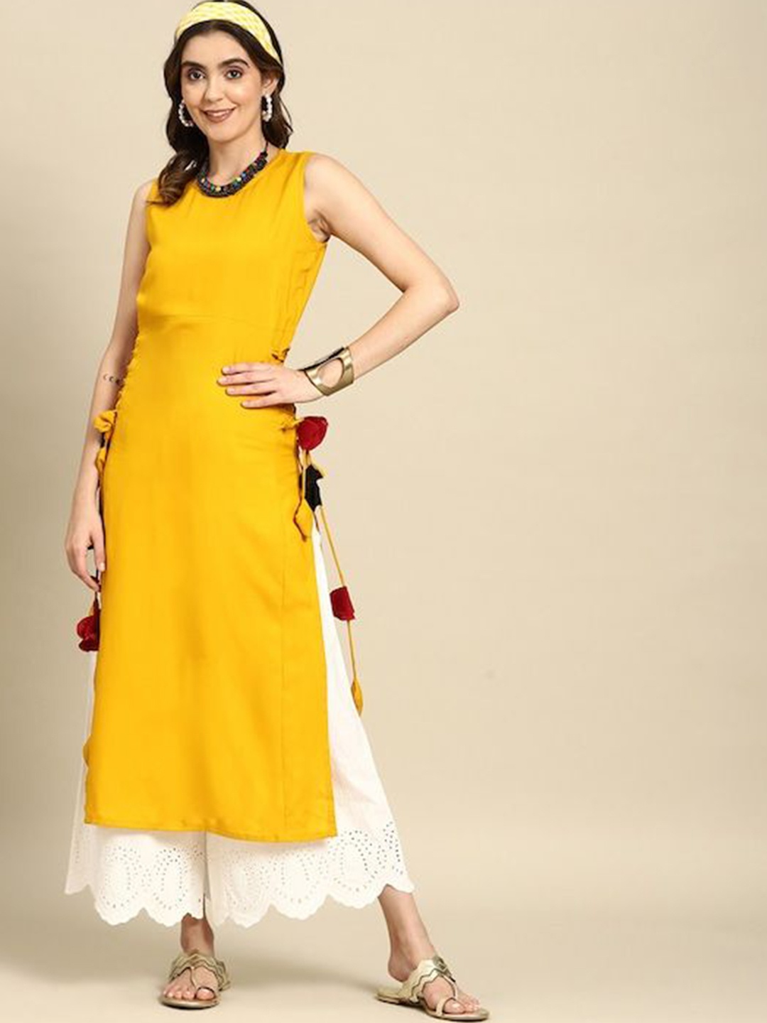 

Sangria Yellow Round Neck Sleeveless Straight Kurta