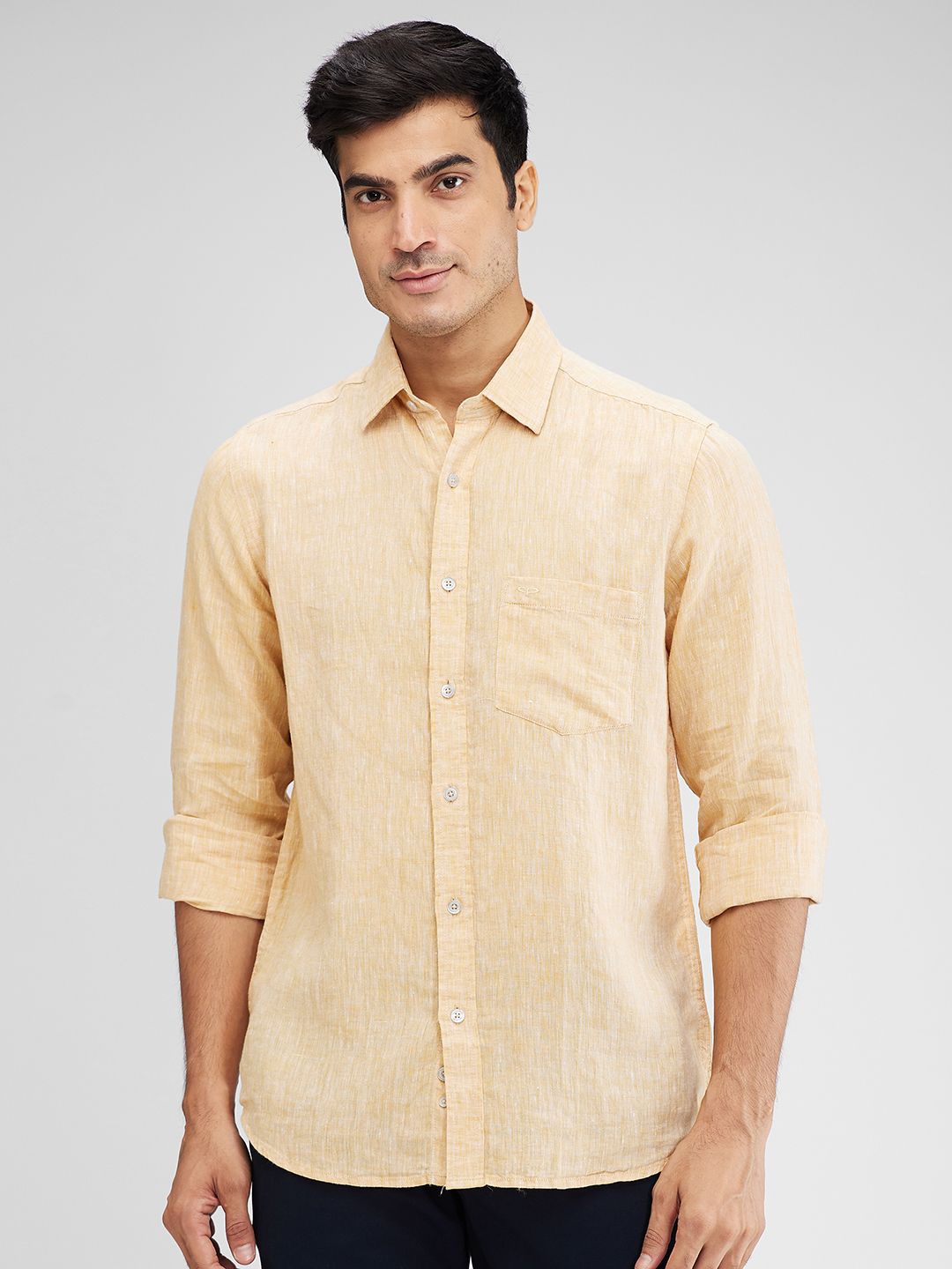 

ColorPlus Men Self Design Linen Opaque Casual Shirt, Yellow