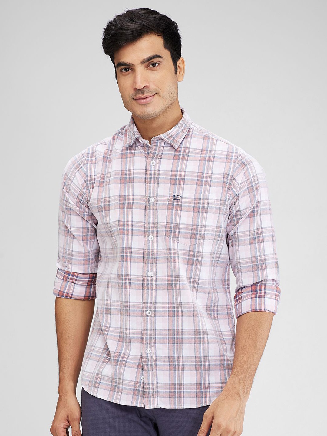 ColorPlus Men Slim Fit Tartan Checks Opaque Casual Shirt, Red