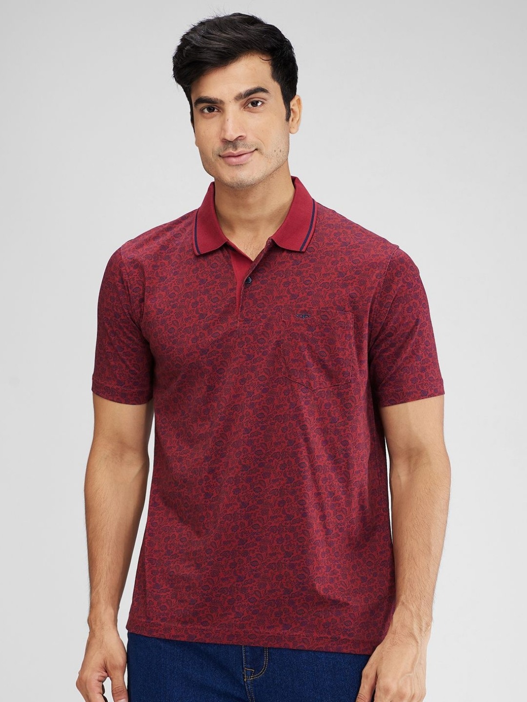 

ColorPlus Men Floral Printed Polo Collar Cotton Relaxed Fit T-Shirt, Red