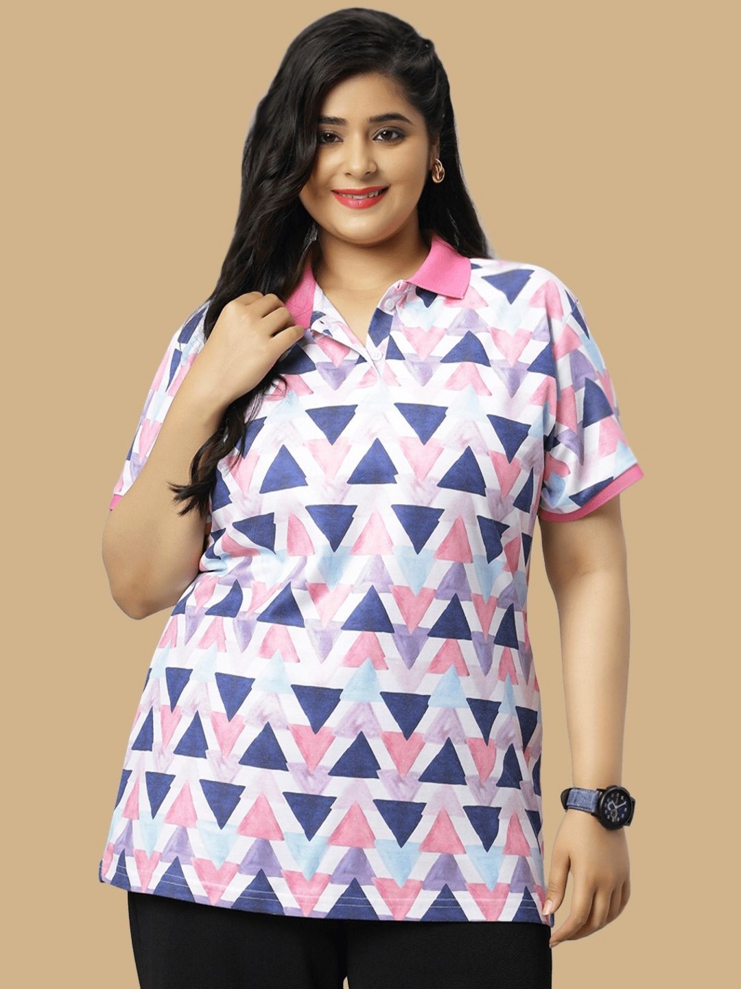 

Wear Your Opinion Women Printed Polo Collar Cotton Tshirt, Pink