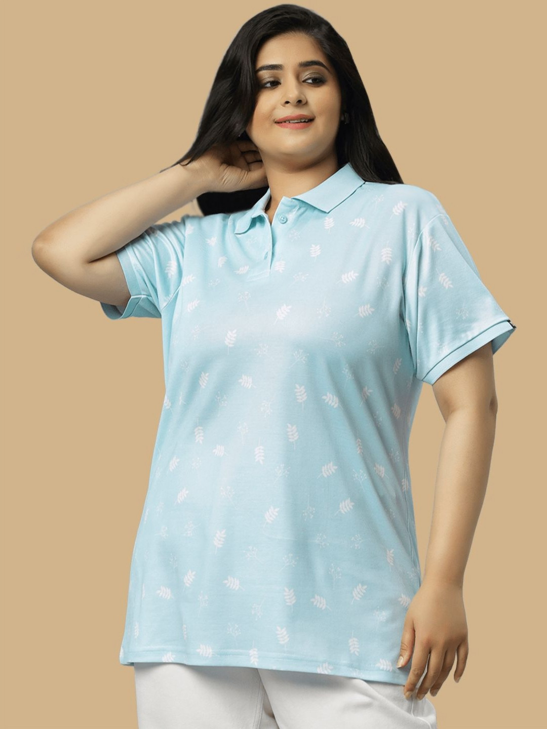 

Wear Your Opinion Women Floral Printed Polo Collar Cotton Tshirt, Turquoise blue