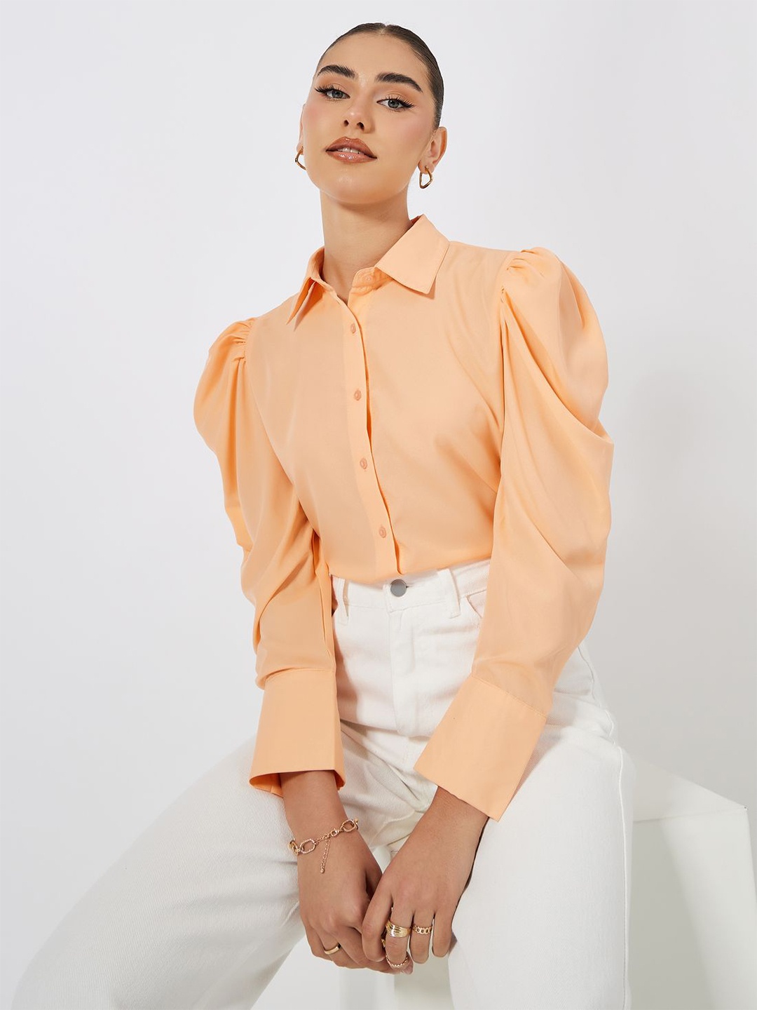 

Styli Women Solid Spread Collar Puff Sleeves Casual Shirt, Peach