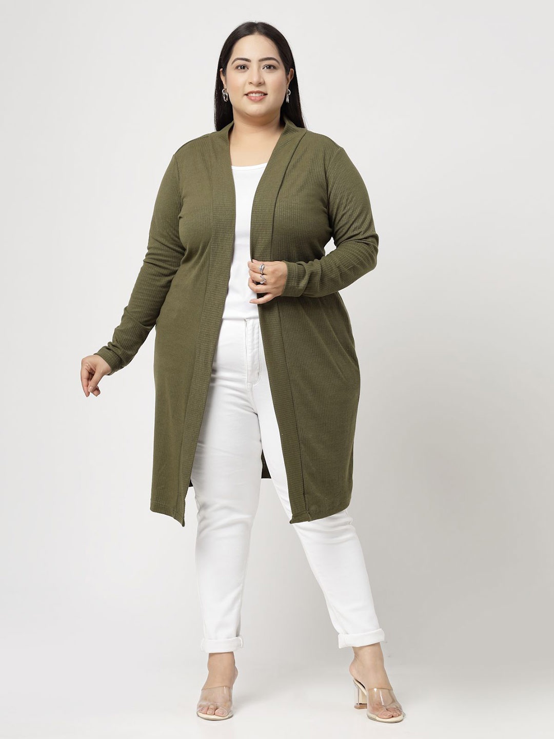 

plusS Olive Green Cotton Open Front Longline Shrug