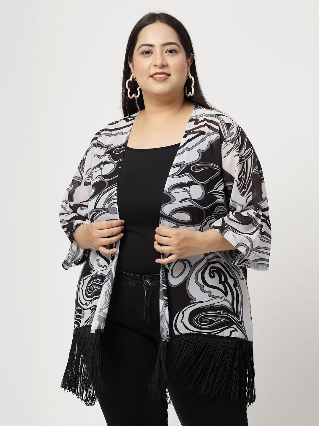 

plusS Women Longline Shrug with Fringes, Black