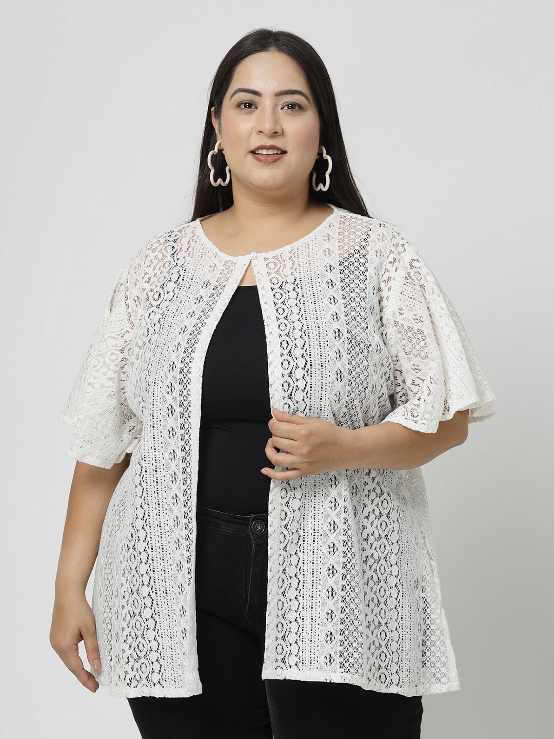 

plusS White Self Design Cotton Open Front Shrug