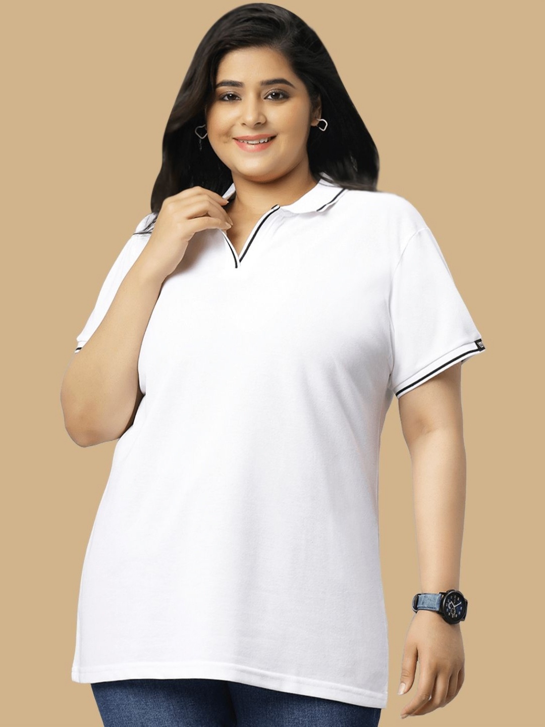 

Wear Your Opinion Plus Size Polo Collar Cotton T-shirt, White
