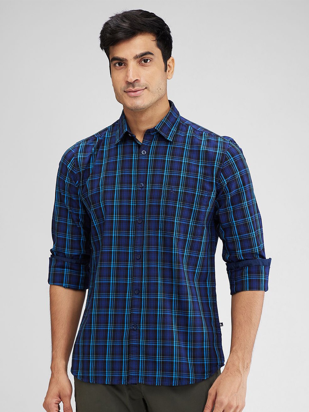 

Parx Men Spread Collar Tartan Checked Cotton Slim Fit Casual Shirt, Blue