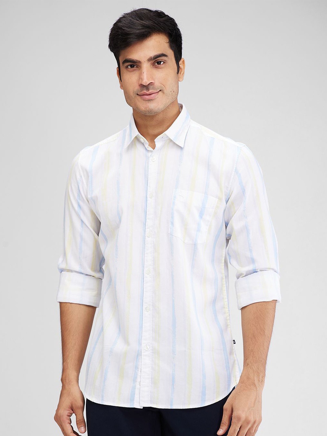 

Parx Men Spread Collar Striped Cotton Slim Fit Casual Shirt, Yellow