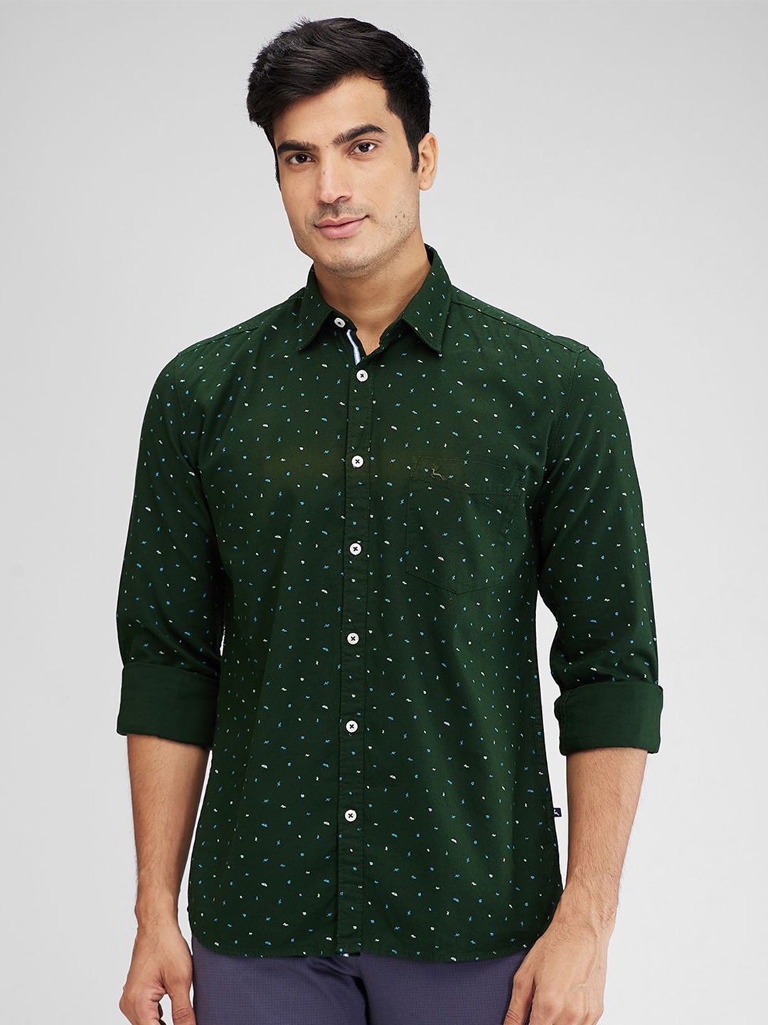 

Parx Men Spread Collar Micro Ditsy Printed Cotton Slim Fit Casual Shirt, Green