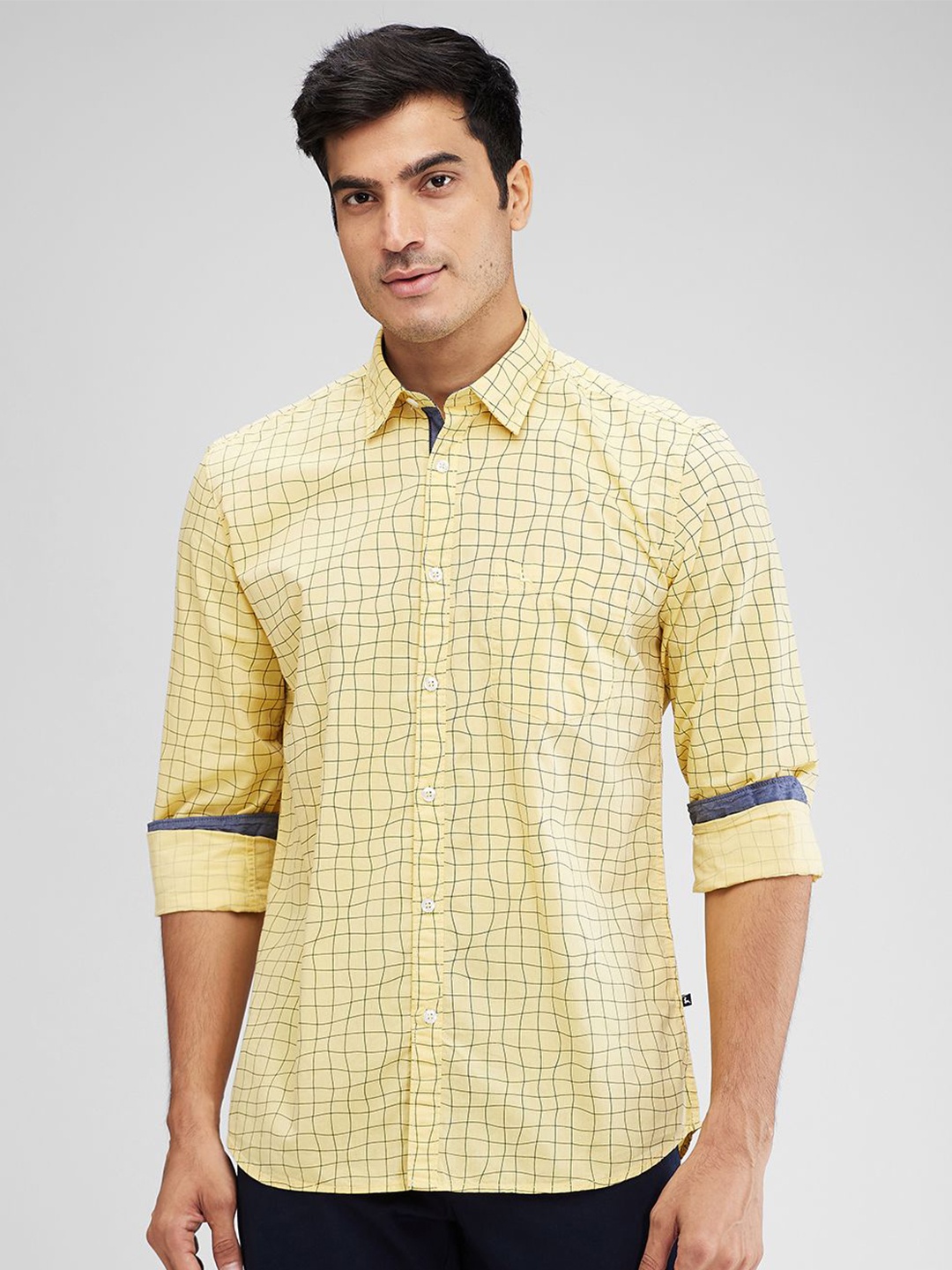 

Parx Men Spread Collar Grid Tattersall Checks Checked Cotton Slim Fit Casual Shirt, Yellow