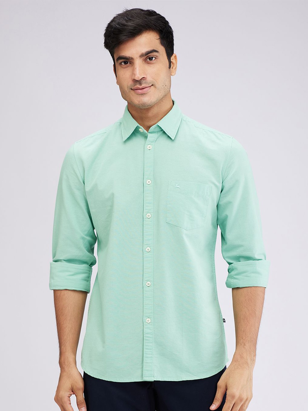 

Parx Men Spread Collar Solid Cotton Slim Fit Casual Shirt, Green