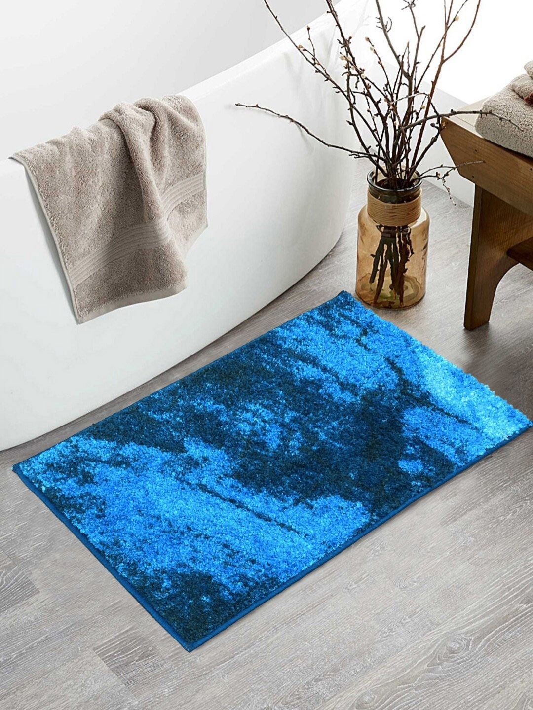 

BIANCA Blue & Black Abstract Printed 1600 GSM Anti Skid Bath Rug