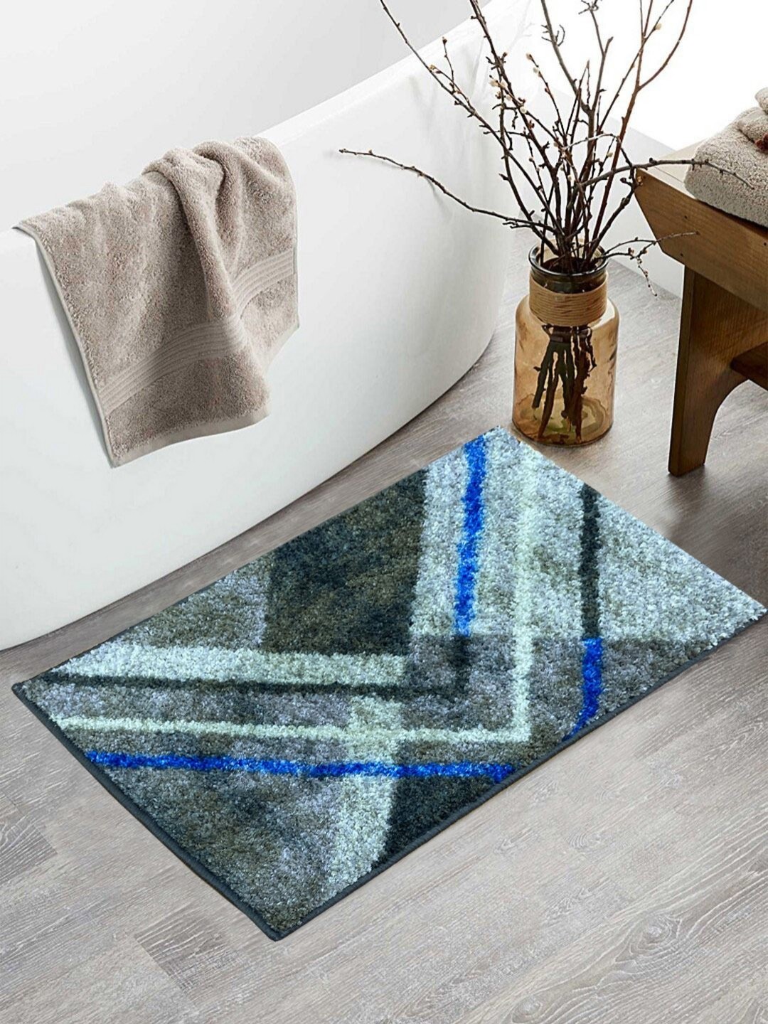 

BIANCA Grey & Blue Abstract Printed 1600 GSM Anti Skid Bath Rug
