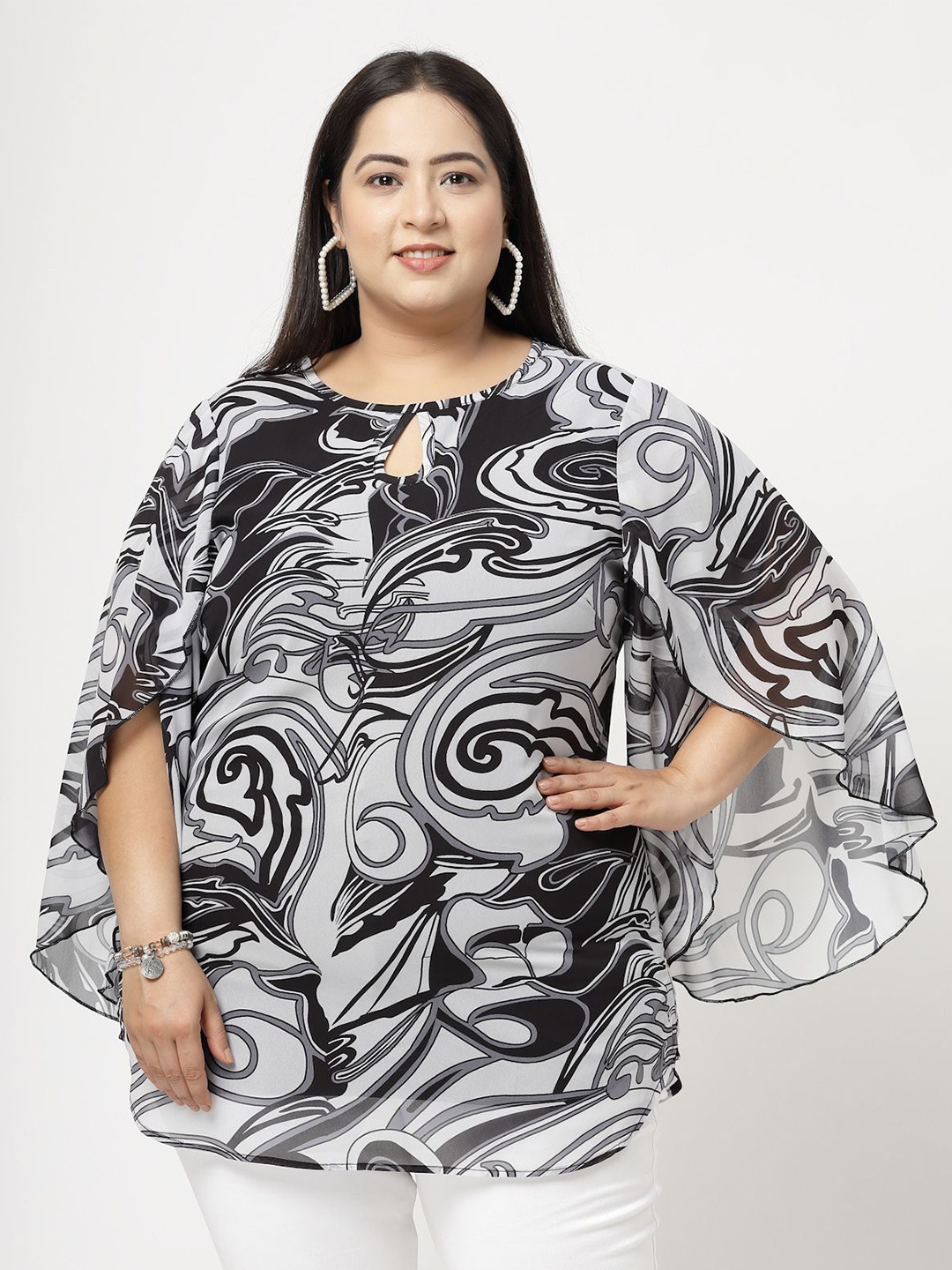 

plusS Plus Size Abstract Printed Keyhole Neck Flared Sleeve Top, Black