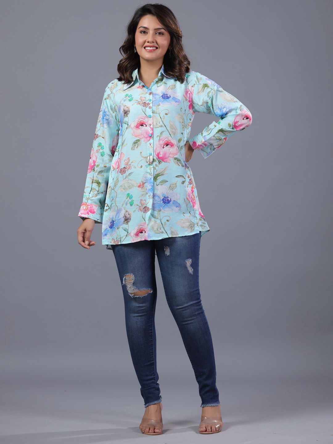 

Amchoor Floral Print Shirt Style Top, Blue