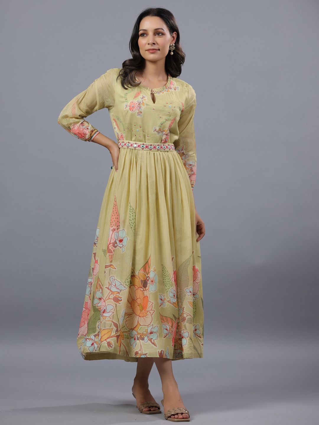 

Amchoor Floral Printed Fit & Flare Midi Ethnic Dress, Green