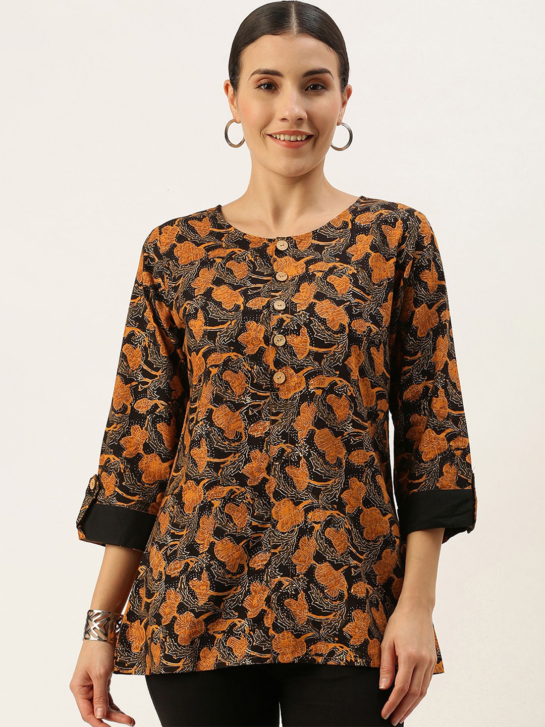 

KALINI Floral Print Cotton Top, Black