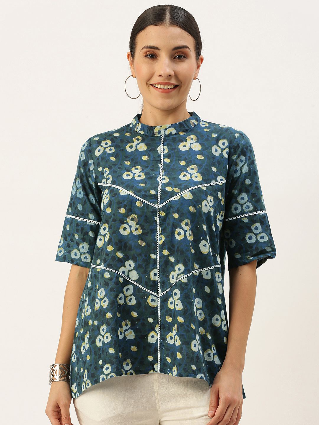 

KALINI Geometric Printed Mandarin Collar Cotton Shirt Style Top, Navy blue