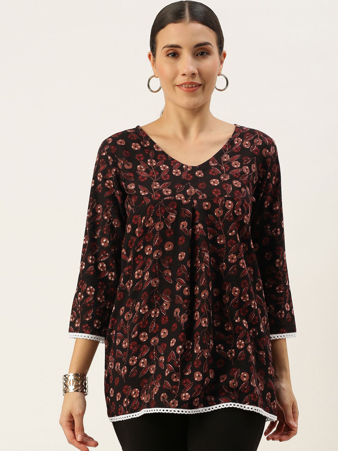 

KALINI Floral Print Cotton Top, Brown