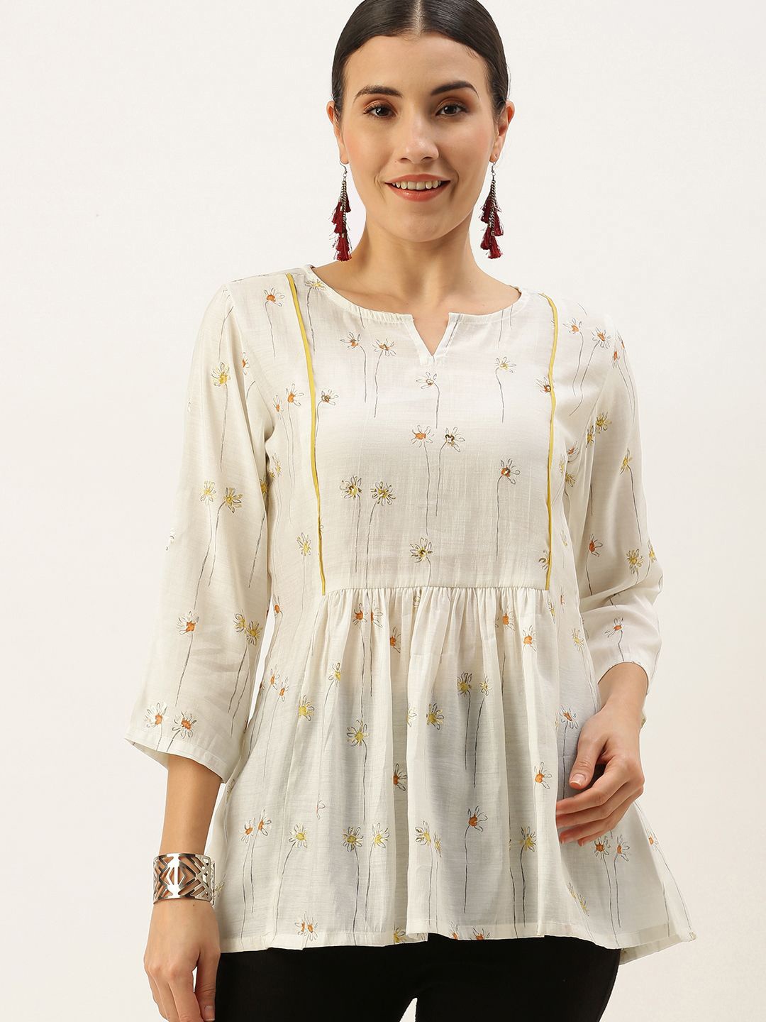 

KALINI Geometric Print Applique Cotton Top, White