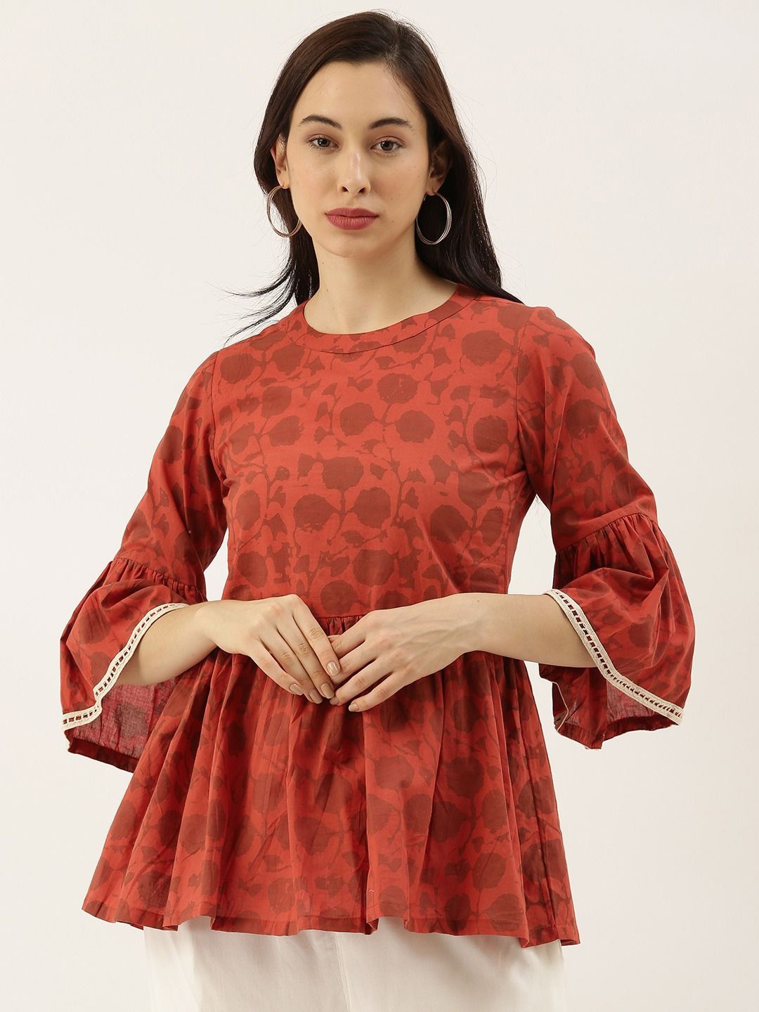 

KALINI Print Bell Sleeve Cotton Top, Rust