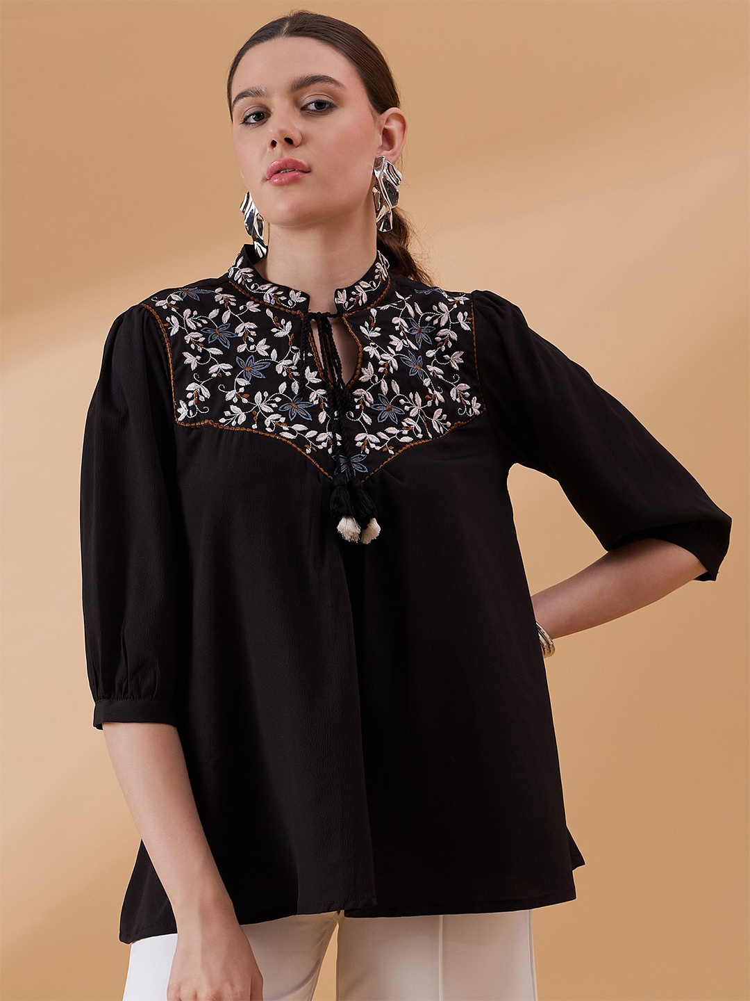 

all about you Floral Print Tie-Up Neck Cotton Top, Black