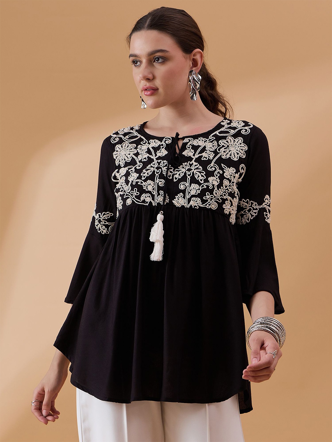 

all about you Floral Print Tie-Up Neck Bohemian Cotton Top, Black
