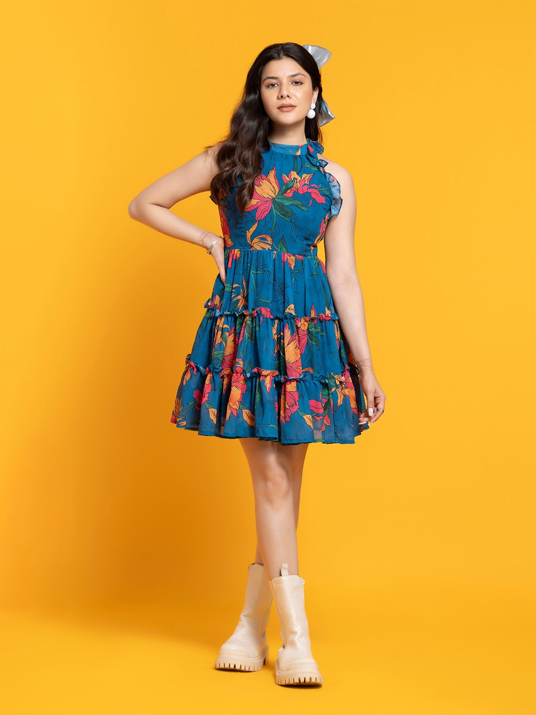 

SEW YOU SOON Girls Floral Printed Georgette Fit & Flare Dress, Teal